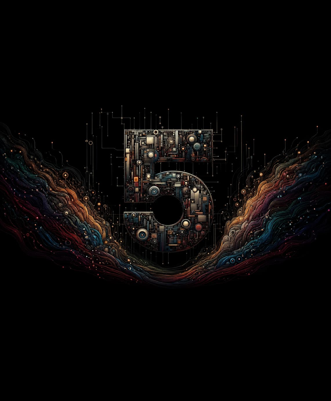 Un chiffre 5 mécanique entouré de circuits et de flux colorés sur fond noir.