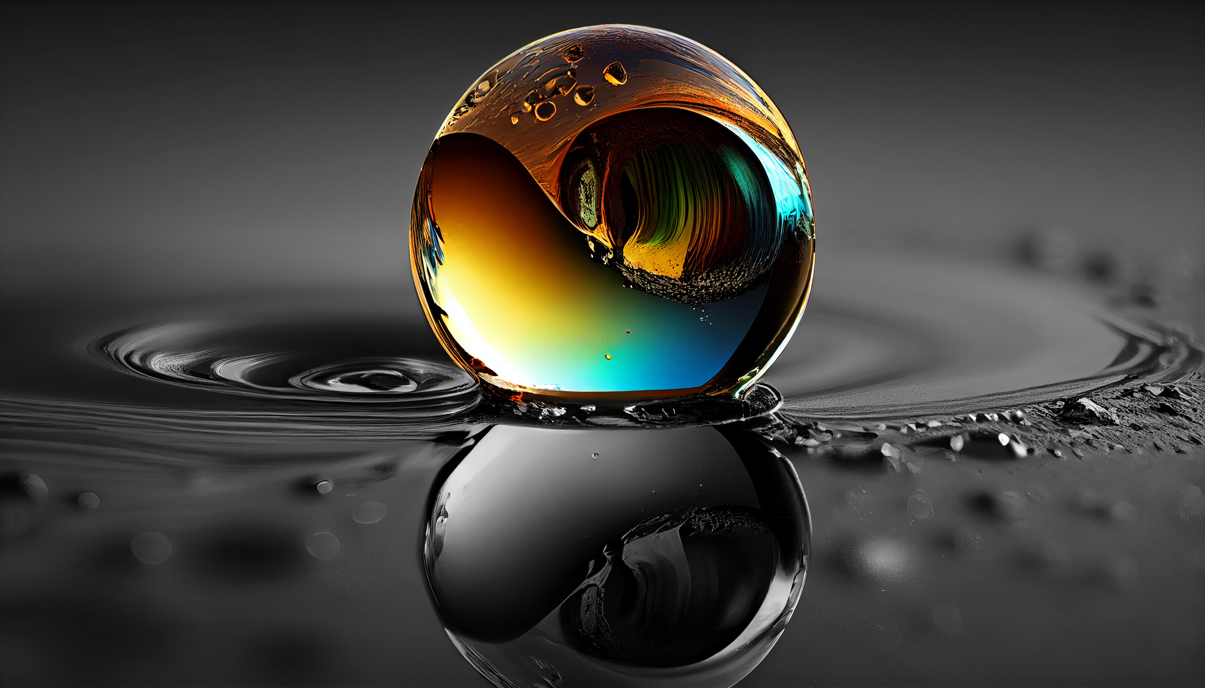 Une sphère de verre aux reflets turquoise, jaunes et orangés émerge d’un paysage liquide en noir et blanc.